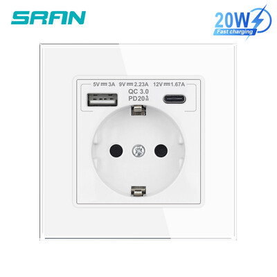 SRAN EU standardna utičnica Usb brzo punjenje Max. 20W, 16A 250V EU ES RU zidna električna utičnica 82*82 mm ploča od kristalnog stakla