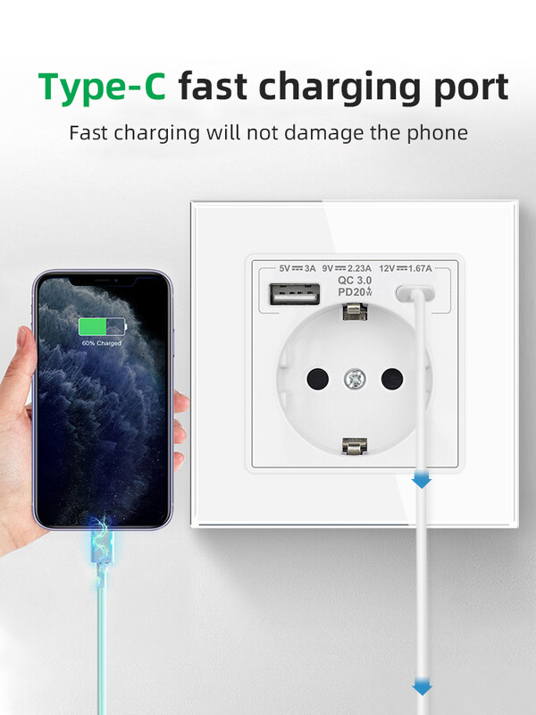 SRAN EU standardna utičnica Usb brzo punjenje Max. 20W, 16A 250V EU ES RU zidna električna utičnica 82*82 mm ploča od kristalnog stakla