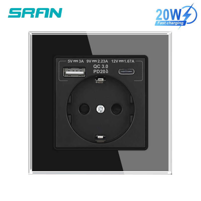 SRAN EU standardna utičnica Usb brzo punjenje Max. 20W, 16A 250V EU ES RU zidna električna utičnica 82*82 mm ploča od kristalnog stakla