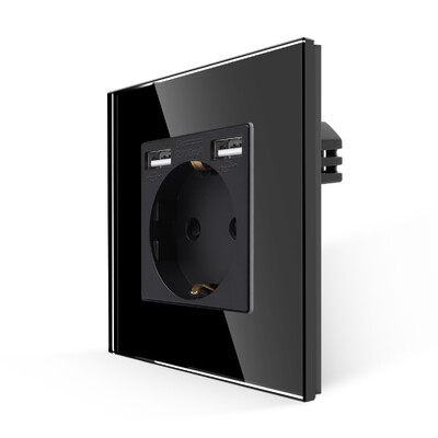 Bingoelec EU standard 16A zidna utičnica od kaljenog kristalnog stakla s USB-om crna dvostruka utičnica 110-250 V kućni ured