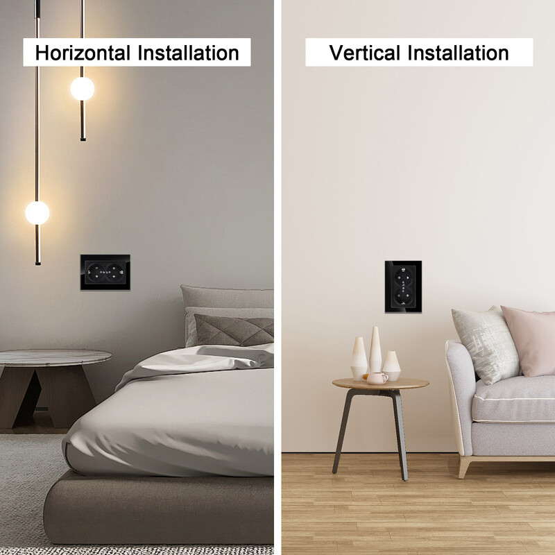 Bingoelec EU standard 16A zidna utičnica od kaljenog kristalnog stakla s USB-om crna dvostruka utičnica 110-250 V kućni ured