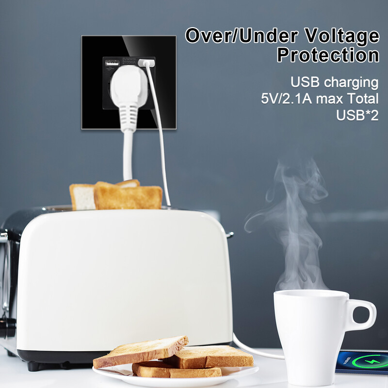 Bingoelec EU standard 16A zidna utičnica od kaljenog kristalnog stakla s USB-om crna dvostruka utičnica 110-250 V kućni ured