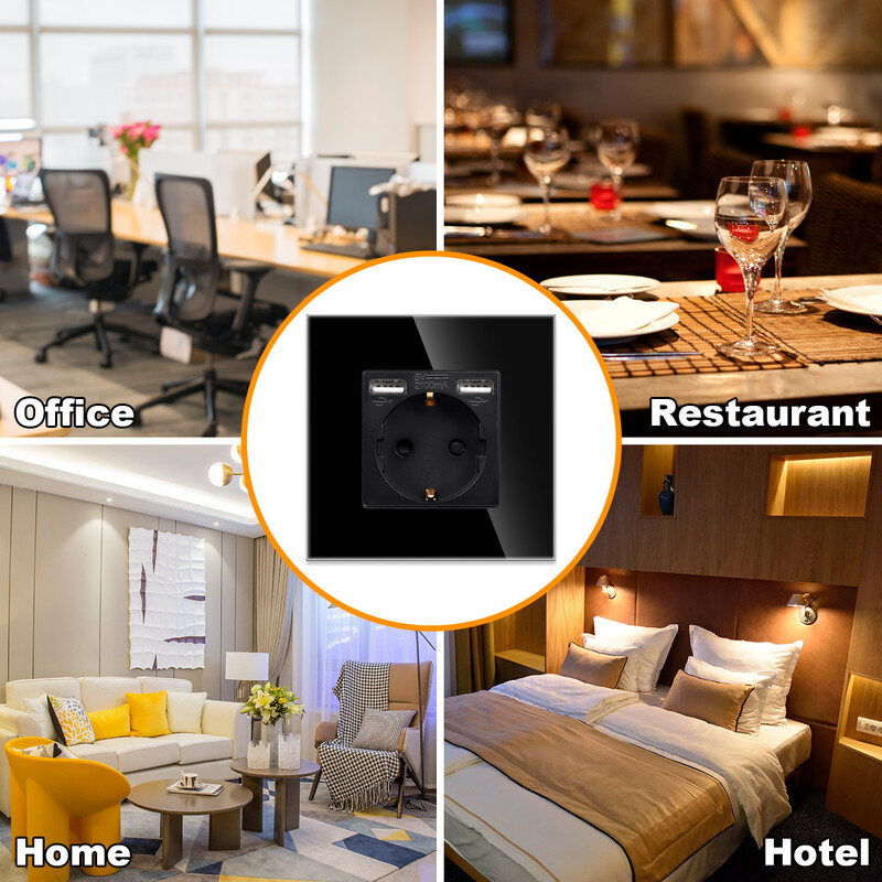 Bingoelec EU standard 16A zidna utičnica od kaljenog kristalnog stakla s USB-om crna dvostruka utičnica 110-250 V kućni ured