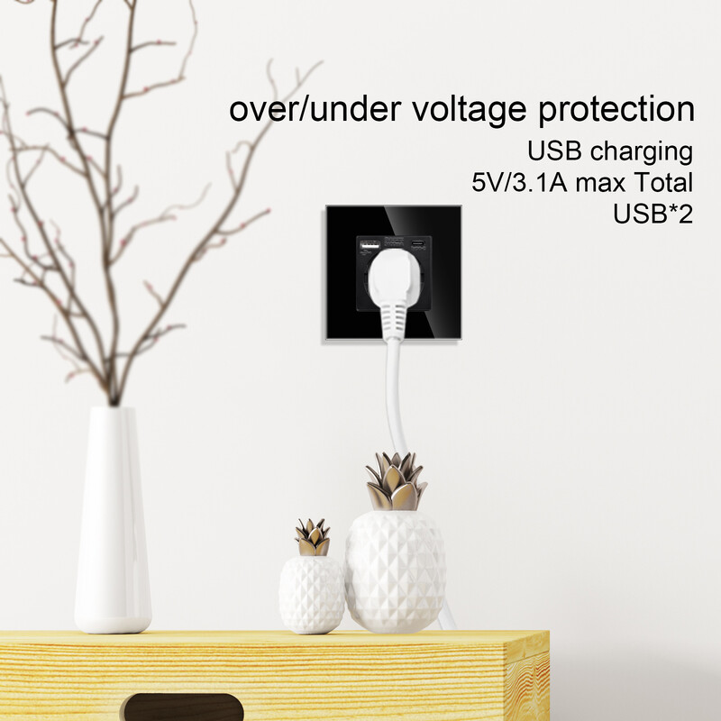 Bingoelec EU standard 16A zidna utičnica od kaljenog kristalnog stakla s USB-om crna dvostruka utičnica 110-250 V kućni ured
