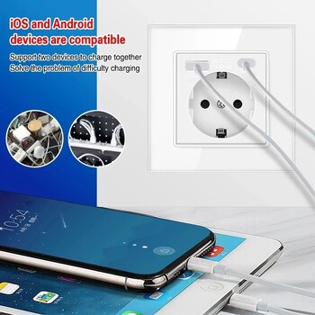 Shawader 86*86 Стенен USB Type-C Захранващ контакт Пластмасов панел Спалня Вграден двоен ЕС електрически щепсел AC 110V-250V/16A