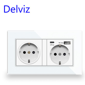 Delviz Wall USB Double Socket, Tempered Crystal panel, 5V 3100mA With usb Ports, 146MM*86MM, EU Standard type C Output