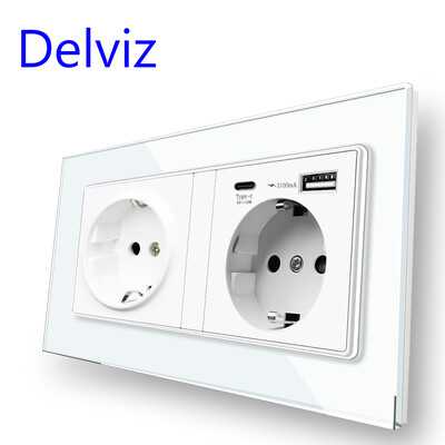 „Delviz“ sieninis USB dvigubas lizdas, grūdinto krištolo stiklo plokštė, 5 V 3100 mA su USB prievadais, 146 mm * 86 mm, ES standarto C tipo maitinimo lizdas