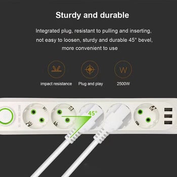 EU Plug Strip 5 Jack με 3 θύρες USB Ηλεκτρική πρίζα καλωδίου επέκτασης 2M Στρογγυλή ακίδα Πρίζα AC 2500W Μετασχηματιστής πολλαπλών επαφών