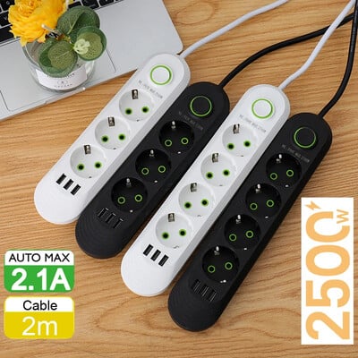 EU Plug Power Strip 5 lizdas su 3 USB prievadais 2M ilgintuvas Elektros lizdas Apvalus kaištis kintamosios srovės lizdas 2500W kelių kontaktų adapteris