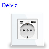 Delviz C típusú fali USB-aljzat, 5V 3100mA dupla usb-porttal, fehér edzett kristályüveg panellel, EU szabvány 16A tápcsatlakozóval