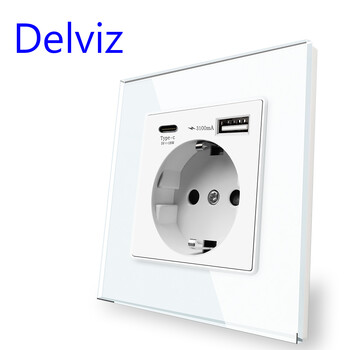 Delviz Type C Επιτοίχια πρίζα USB, 5V 3100mA με διπλές θύρες usb, λευκό κρύσταλλο γυαλί, πρίζα 16A Standard EU