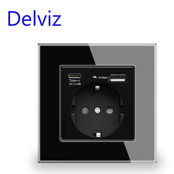 Delviz Type C Επιτοίχια πρίζα USB, 5V 3100mA με διπλές θύρες usb, λευκό κρύσταλλο γυαλί, πρίζα 16A Standard EU