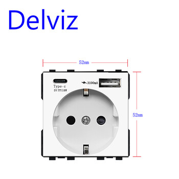 Delviz Type C Επιτοίχια πρίζα USB, 5V 3100mA με διπλές θύρες usb, λευκό κρύσταλλο γυαλί, πρίζα 16A Standard EU