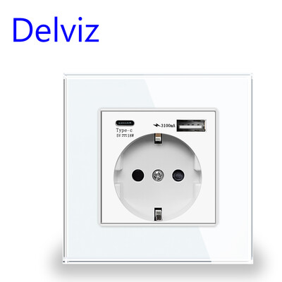 Delviz C típusú fali USB-aljzat, 5V 3100mA dupla usb-porttal, fehér edzett kristályüveg panellel, EU szabvány 16A tápcsatlakozóval
