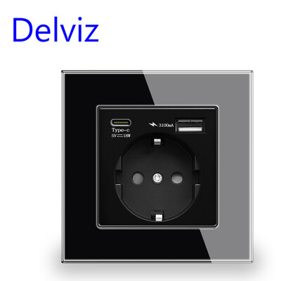 Delviz C típusú fali USB-aljzat, 5V 3100mA dupla usb-porttal, fehér edzett kristályüveg panellel, EU szabvány 16A tápcsatlakozóval