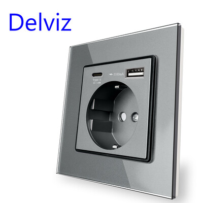 Delviz C típusú fali USB-aljzat, 5V 3100mA dupla usb-porttal, fehér edzett kristályüveg panellel, EU szabvány 16A tápcsatlakozóval