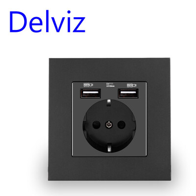 Delviz ES standartinis USB lizdas, AC 110V-250V, 16A sieninis įmontuotas lizdas, 5V 2A dviguba USB įkrovimo anga, EU maitinimo lizdas su USB prievadu