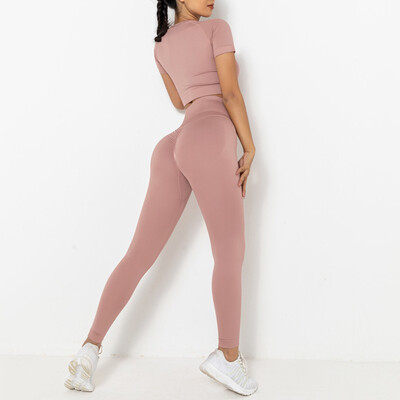 2 gab. Vasaras bezšuvju Jogas Komplekts Sieviešu treniņu Apģērbs Īsām piedurknēm Crop Top Augsts Viduklis Booty Legingi Vingrošanas Apģērbs Sporta Kostīmi