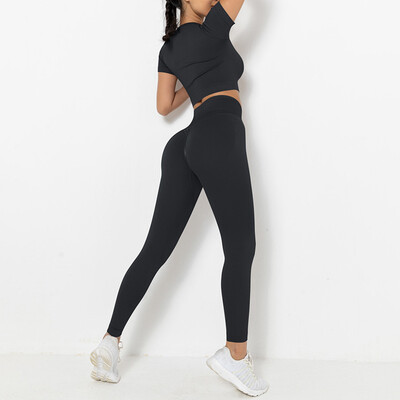 2 gab. Vasaras bezšuvju Jogas Komplekts Sieviešu treniņu Apģērbs Īsām piedurknēm Crop Top Augsts Viduklis Booty Legingi Vingrošanas Apģērbs Sporta Kostīmi