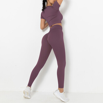 2 gab. Vasaras bezšuvju Jogas Komplekts Sieviešu treniņu Apģērbs Īsām piedurknēm Crop Top Augsts Viduklis Booty Legingi Vingrošanas Apģērbs Sporta Kostīmi