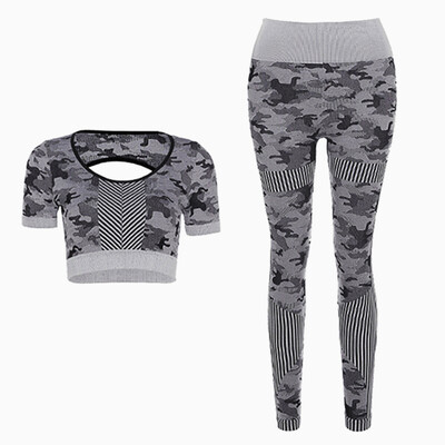 Set sport fără cusături Femei Camuflaj 2 bucăți Crop Top Jambiere Costum sport Outfit antrenament Fitness Active Gym Wear Seturi de yoga