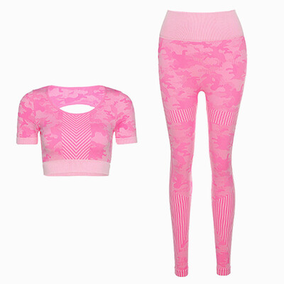 Set sport fără cusături Femei Camuflaj 2 bucăți Crop Top Jambiere Costum sport Outfit antrenament Fitness Active Gym Wear Seturi de yoga
