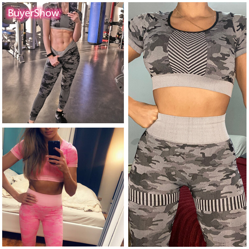 Set sport fără cusături Femei Camuflaj 2 bucăți Crop Top Jambiere Costum sport Outfit antrenament Fitness Active Gym Wear Seturi de yoga