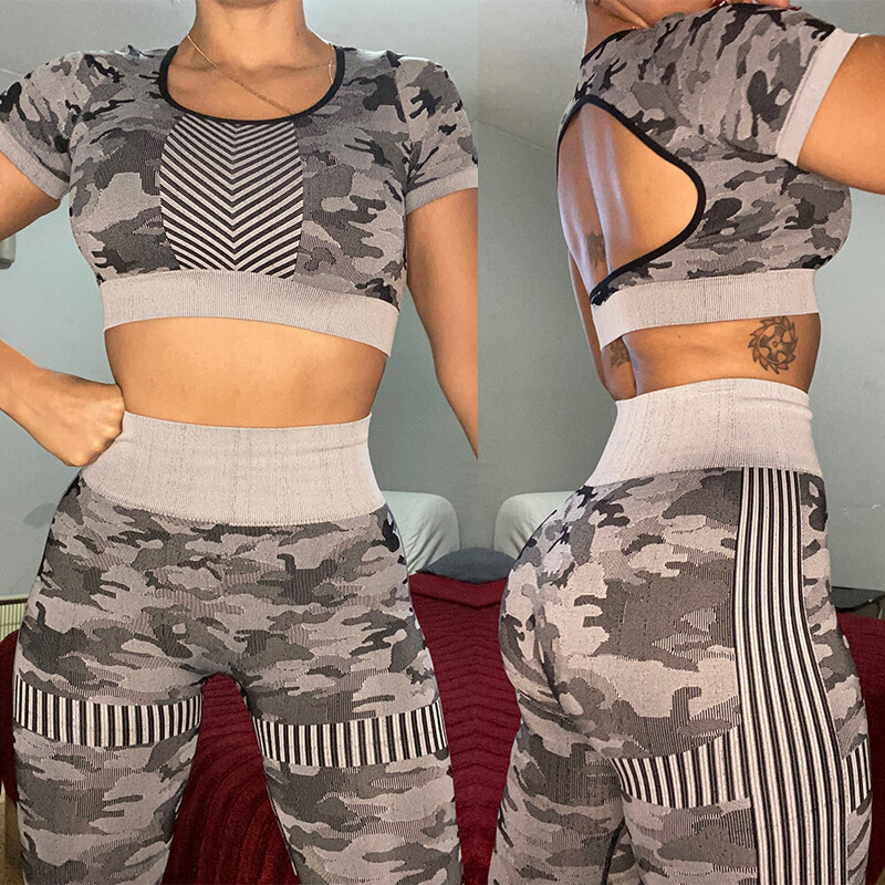 Set sport fără cusături Femei Camuflaj 2 bucăți Crop Top Jambiere Costum sport Outfit antrenament Fitness Active Gym Wear Seturi de yoga