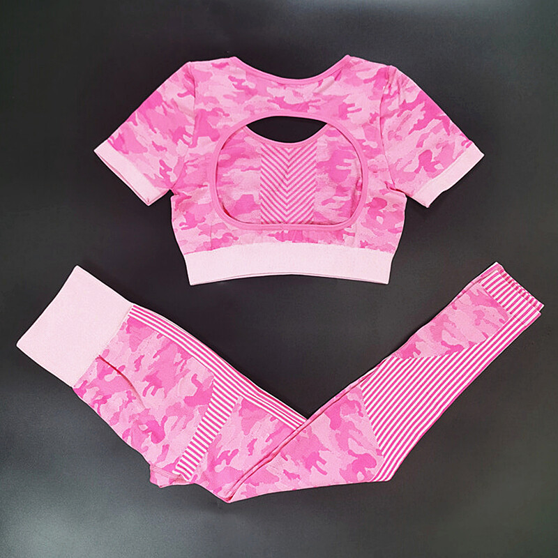 Set sport fără cusături Femei Camuflaj 2 bucăți Crop Top Jambiere Costum sport Outfit antrenament Fitness Active Gym Wear Seturi de yoga
