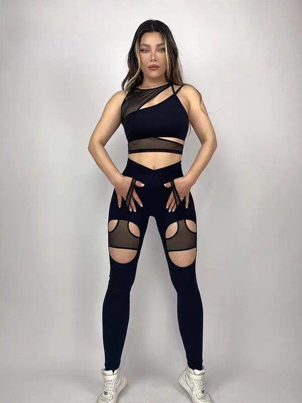 Ženski seksi dvodijelni set za jogu sa spojenom mrežom Jedinstvena asimetrična majica za jogu goli osjećaj izdubljene uske uske pune hlače za jogu