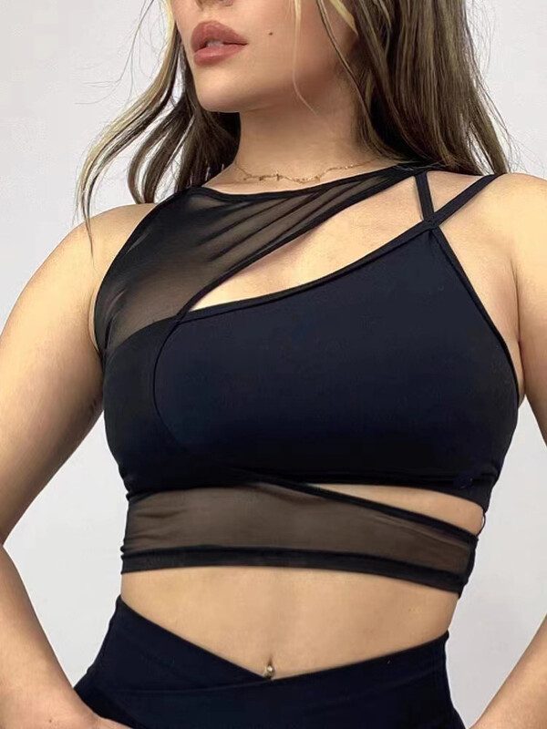 Ženski seksi dvodijelni set za jogu sa spojenom mrežom Jedinstvena asimetrična majica za jogu goli osjećaj izdubljene uske uske pune hlače za jogu