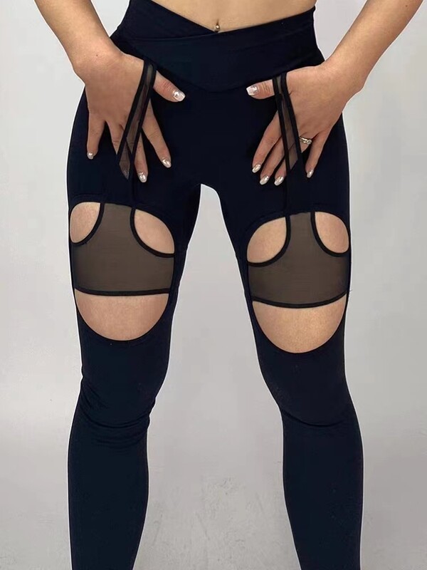 Ženski seksi dvodijelni set za jogu sa spojenom mrežom Jedinstvena asimetrična majica za jogu goli osjećaj izdubljene uske uske pune hlače za jogu
