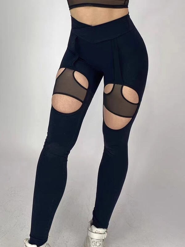 Ženski seksi dvodijelni set za jogu sa spojenom mrežom Jedinstvena asimetrična majica za jogu goli osjećaj izdubljene uske uske pune hlače za jogu