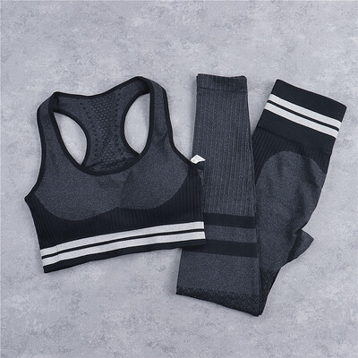 Biezs Bezšuvju Jogas Komplekts Sieviešu Black Rid 2Gb Divdaļīgs Crop Top Krūšturis Legging Sporta tērps Treniņa apģērbs Fitnesa Apģērbs Sporta komplekti