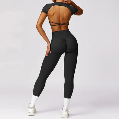 Set de yoga pentru sport pentru sală de gimnastică, 2 bucăți, pentru antrenament fără spate pentru femei, costum cu jambiere, cu uscare rapidă, sutien de fitness, trening, îmbrăcăminte sportivă cu mâneci scurte