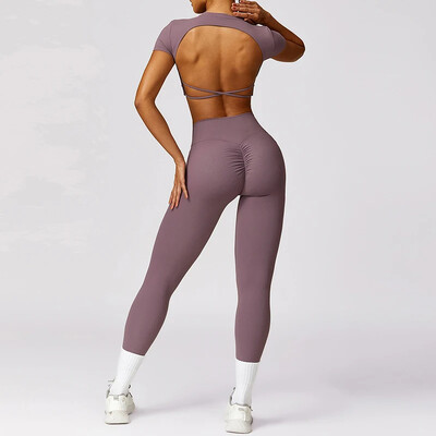 Set de yoga pentru sport pentru sală de gimnastică, 2 bucăți, pentru antrenament fără spate pentru femei, costum cu jambiere, cu uscare rapidă, sutien de fitness, trening, îmbrăcăminte sportivă cu mâneci scurte