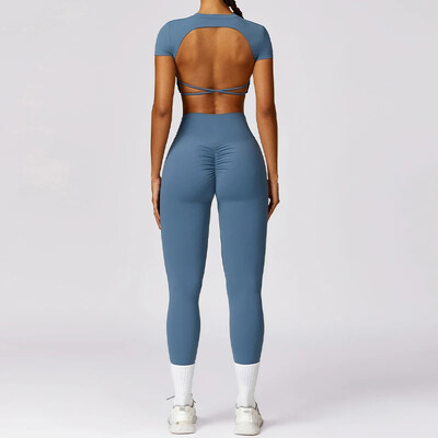 Set de yoga pentru sport pentru sală de gimnastică, 2 bucăți, pentru antrenament fără spate pentru femei, costum cu jambiere, cu uscare rapidă, sutien de fitness, trening, îmbrăcăminte sportivă cu mâneci scurte