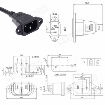 Κορδόνι επέκτασης IEC320 C14 έως C13, C14 με τρύπες για βίδες και C13 γωνιακό 30 cm / 60 cm μήκος, H05VV-F 3G 0,75 mm