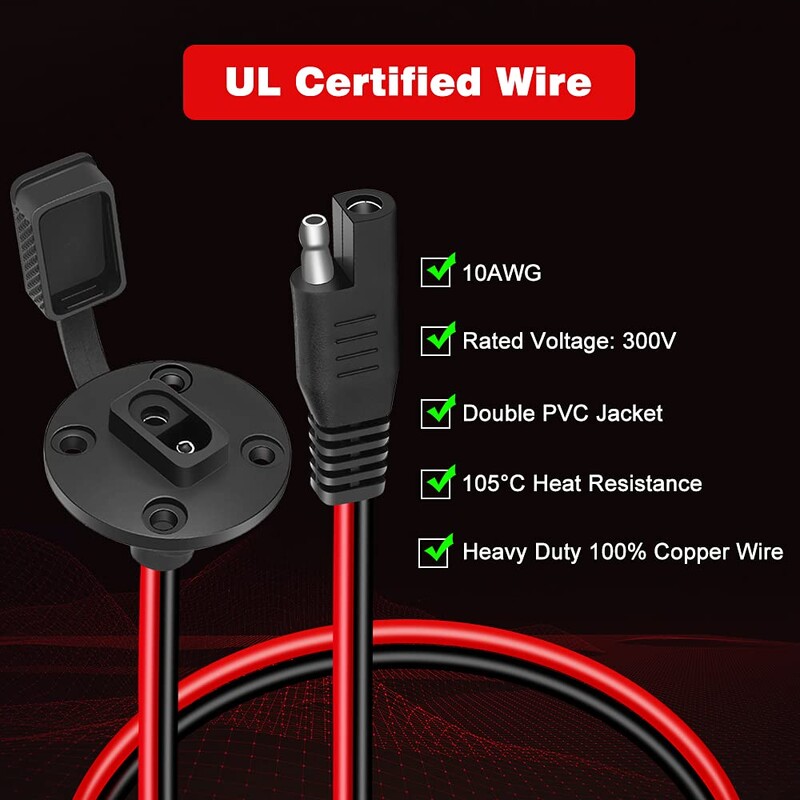 12 AWG ilmastikukindel SAE kiirühendusega päikesepaneeli süvistatav pistiku pistikukaabel koos 2 SAE-adapteriga päikesegeneraatori jaoks