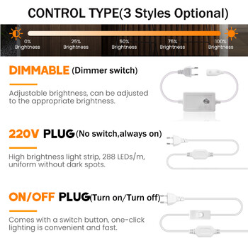 AC 220V захранващ кабел EU щепсел/UK щепсел с превключвател/димер AC щепсел за 288LEDs/m 220V 3000K 4000K 6000K COB Неонова светлинна лента