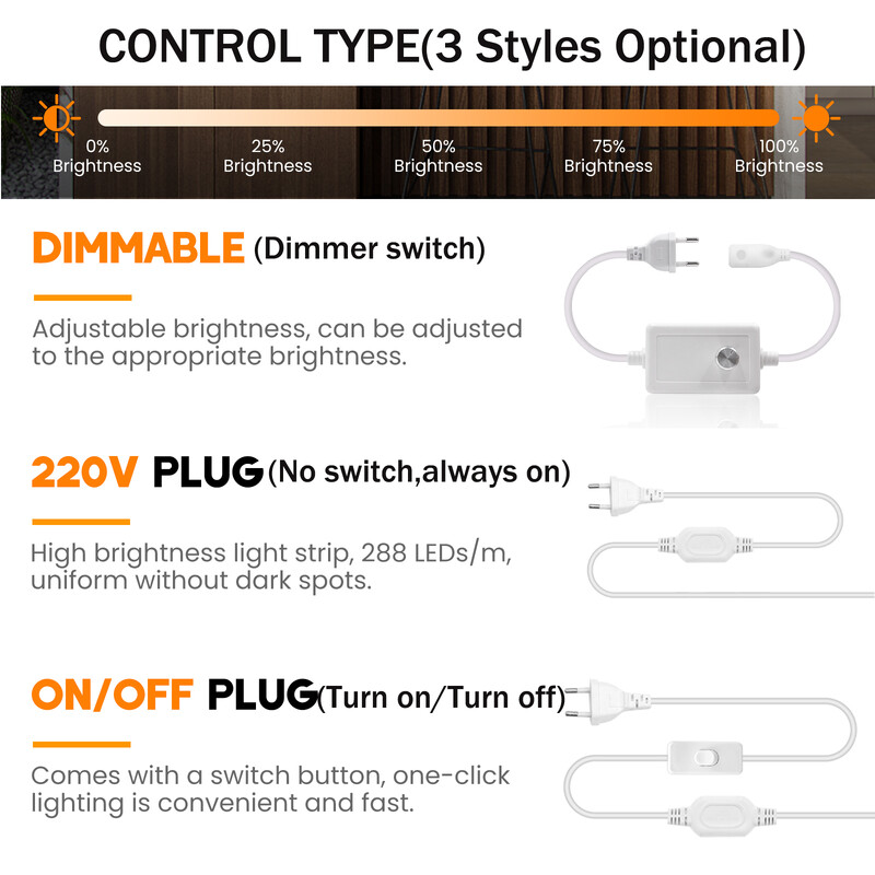 Maiņstrāvas 220 V barošanas vads ES spraudnis/AK spraudnis ar slēdzi/dimmeri Maiņstrāvas barošanas spraudnis 288 LED/m 220V 3000K 4000K 6000K COB neona gaismas sloksne