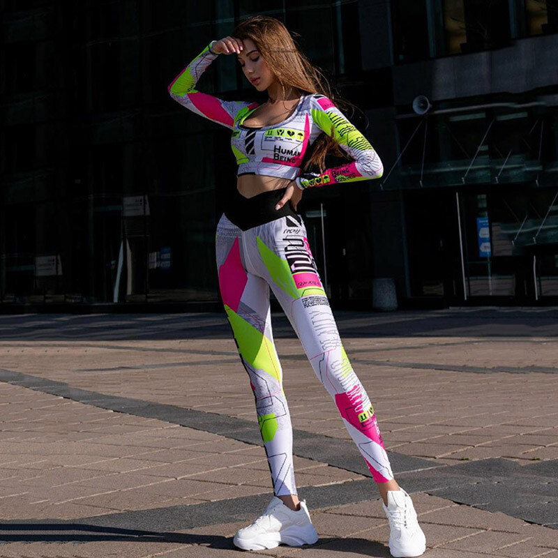 Gymdolphins 2024, costum sport nou imprimat, amestecat de bumbac, mâneci lungi, tricou cu decolteu în U și jambiere elastice cu talie înaltă.