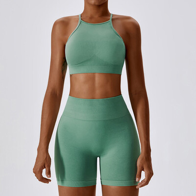 Õmblusteta kõrge venitusega joogakomplekt naiste kõrge kaelusega lahtise seljaga spordirinnahoidja ja tagumikuga lühikesed püksid, 2 tk.