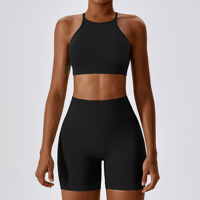 Õmblusteta kõrge venitusega joogakomplekt naiste kõrge kaelusega lahtise seljaga spordirinnahoidja ja tagumikuga lühikesed püksid, 2 tk.