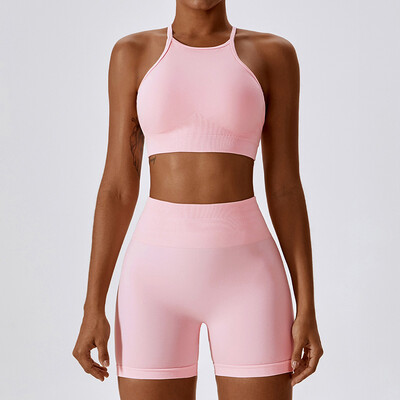 Õmblusteta kõrge venitusega joogakomplekt naiste kõrge kaelusega lahtise seljaga spordirinnahoidja ja tagumikuga lühikesed püksid, 2 tk.