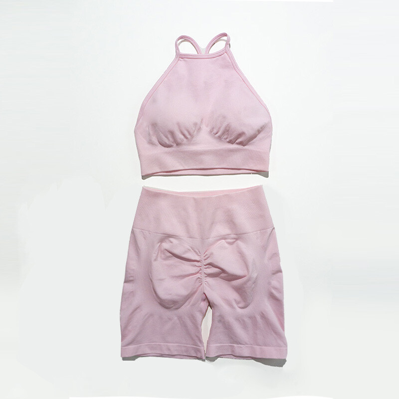 Õmblusteta kõrge venitusega joogakomplekt naiste kõrge kaelusega lahtise seljaga spordirinnahoidja ja tagumikuga lühikesed püksid, 2 tk.