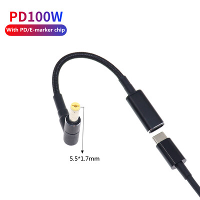 100 W USB tipo C PD įkrovimo laidas, skirtas Acer Aspire nešiojamojo kompiuterio įkrovikliui C tipo iki 5,5 * 1,7 mm vyriškos kištuko jungties nuolatinės srovės adapterio keitiklis