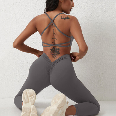 1/2 tk. Spordikomplekt Naiste kiiresti kuivav joogaülikond, V Back Scrunch Flared Pants Jõusaalikomplekt Naiste spordidress Joogajoogarõivad