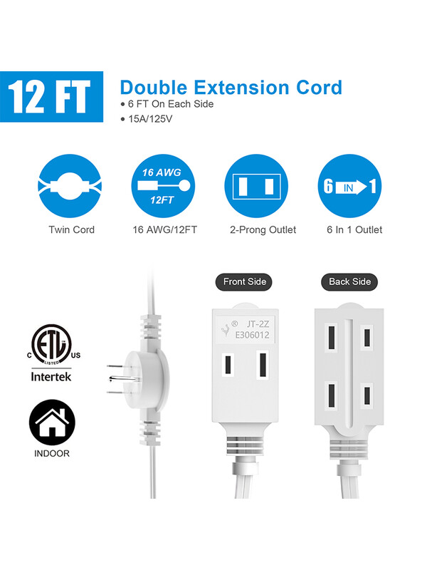 Cablu prelungitor dublu din SUA Priză de alimentare - cablu de 12 picioare - 6 picioare pe fiecare parte - mufă de priză cu cap plat (Wall Hugger)