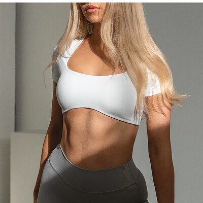 2024-es Fitness melltartó rövid ujjú, egyszerű ütésálló sport ívelt szegélyű jóga ing Slim Fit Crop Top Run edzőingek Női aktív viselet